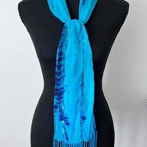 Bebe Blue Fringe Scarf with sequins. 55” length